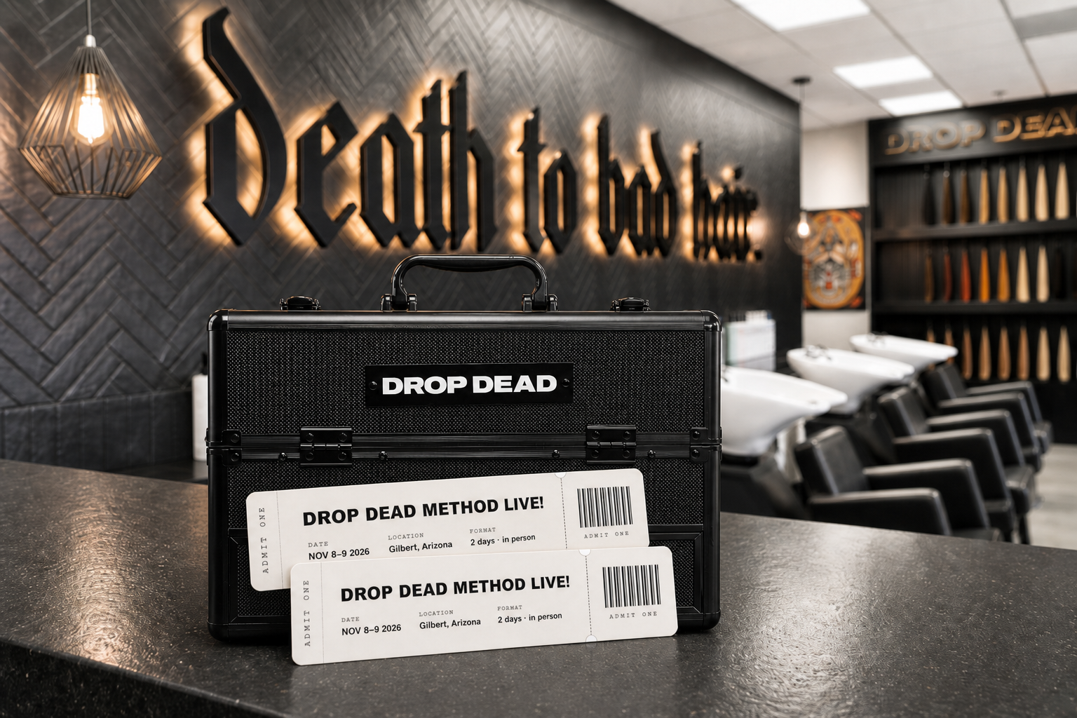 Drop Dead Method LIVE tickets with the Business-in-a-Box toolkit case in the Drop Dead salon